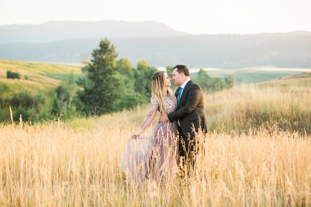 Idaho Falls romantic engagement and wedding,tall grass, sunset