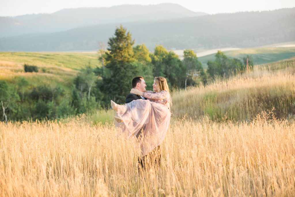 Idaho Falls romantic engagement and wedding,tall grass, sunset