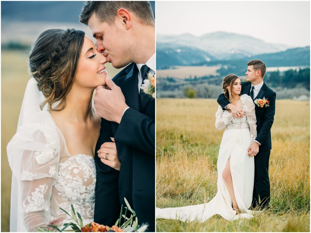 Idaho Falls wedding photographer falls wedding tall grass classy wedding dress bride details with floral colors Rainey Creek