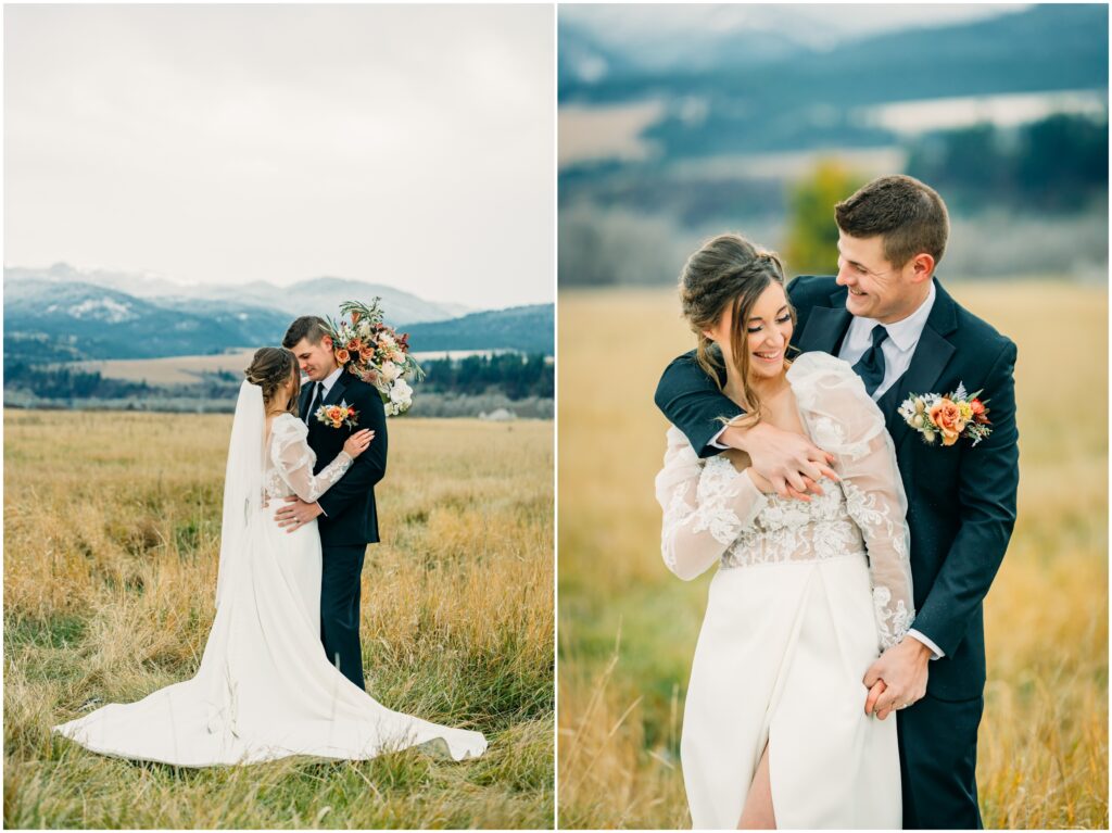 Idaho Falls wedding photographer falls wedding tall grass classy wedding dress bride details with floral colors Rainey Creek