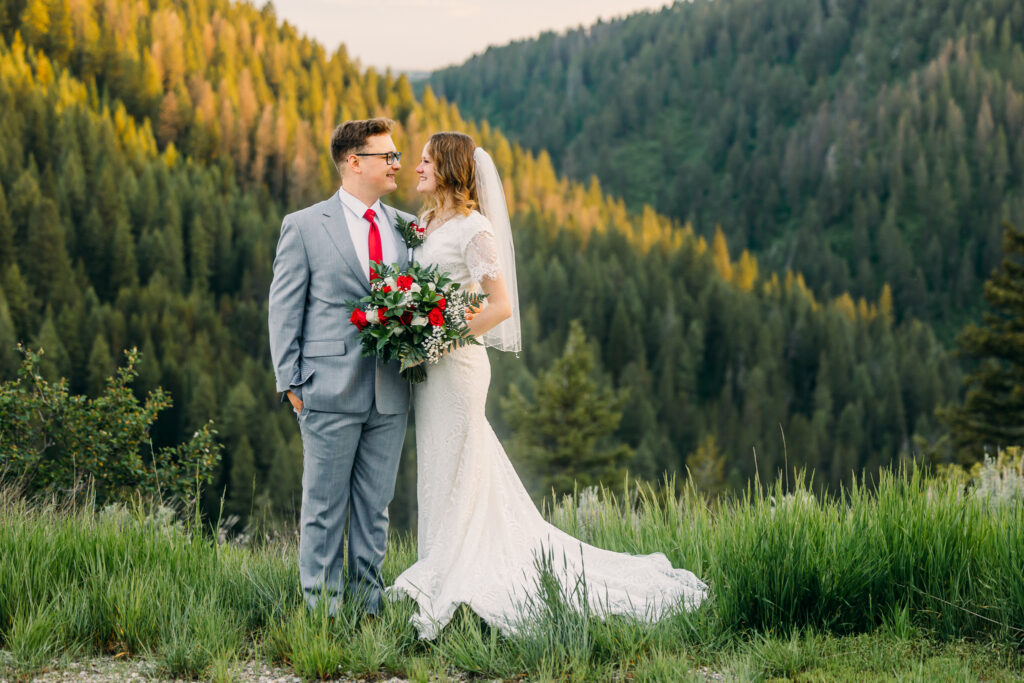 Idaho Falls Wedding Elopement Photographer summer mountain sunset with lace gowns from Margene's