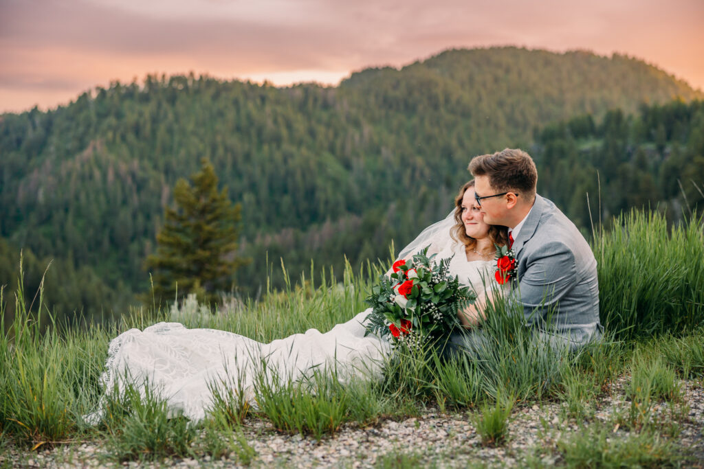 Idaho Falls Wedding Elopement Photographer summer mountain sunset with lace gowns from Margene's