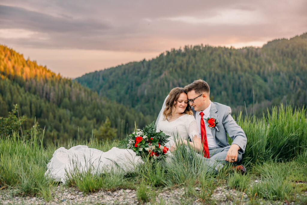 Idaho Falls Wedding Elopement Photographer summer mountain sunset with lace gowns from Margene's