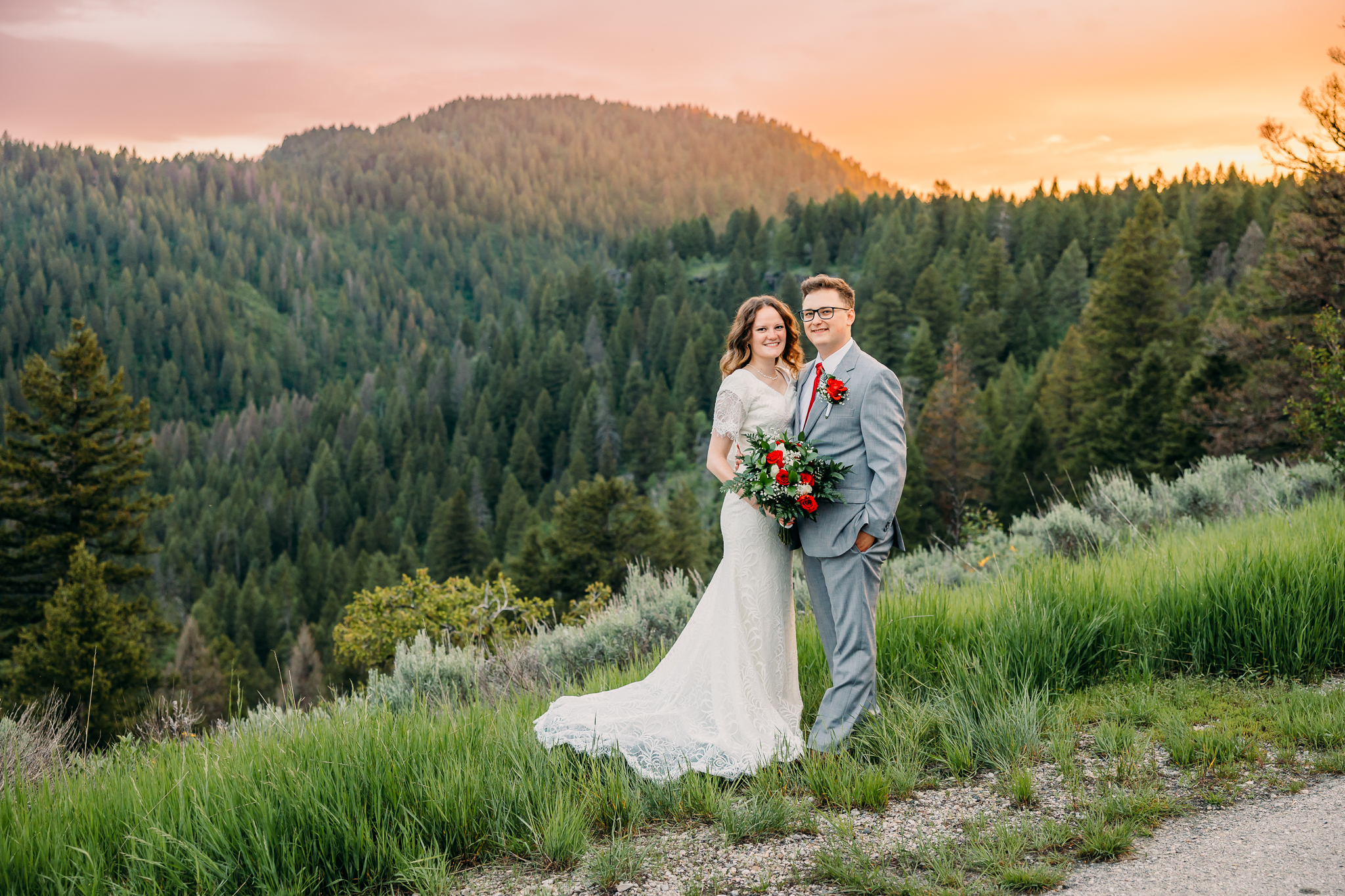 Idaho Falls Wedding Elopement Photographer summer mountain sunset with lace gowns from Margene's