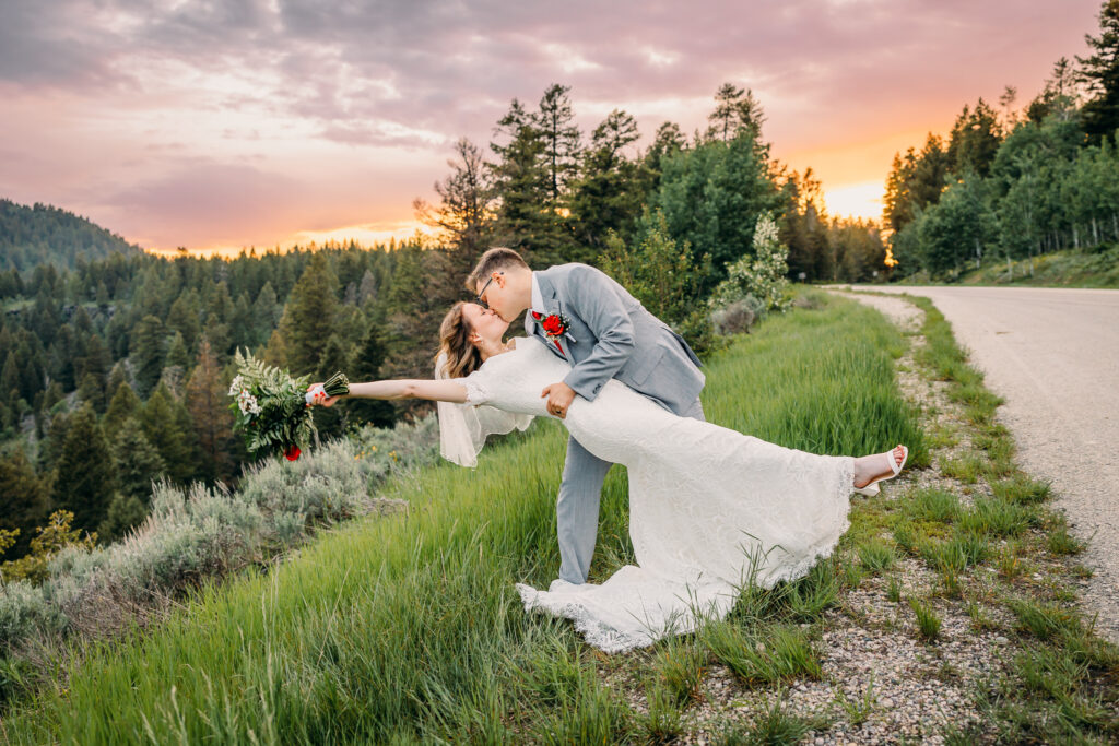 Idaho Falls Wedding Elopement Photographer summer mountain sunset with lace gowns from Margene's Idaho Falls Wedding Elopement Photographer summer mountain sunset with lace gowns from Margene's