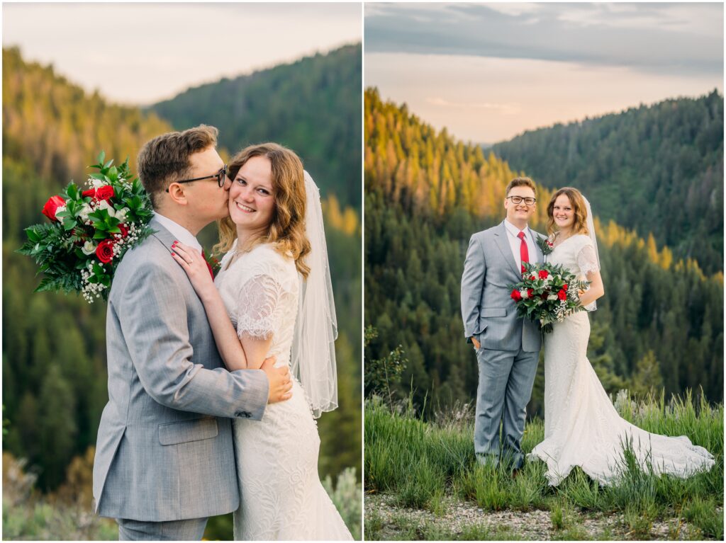 Upper Mesa Falls Wedding photography bride and groom red roses