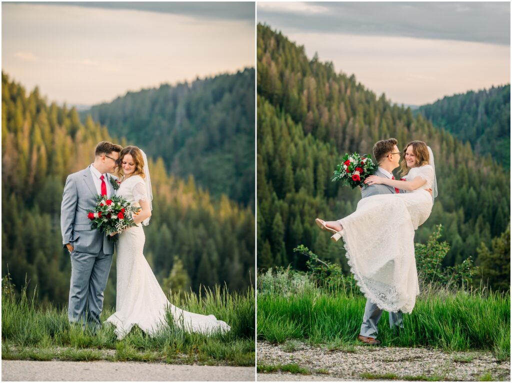 Upper Mesa Falls Wedding photography bride and groom red roses