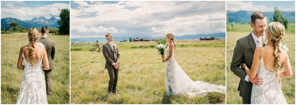 Destination wedding Driggs Idaho rustic boho vibes with western inspiration first look in green field