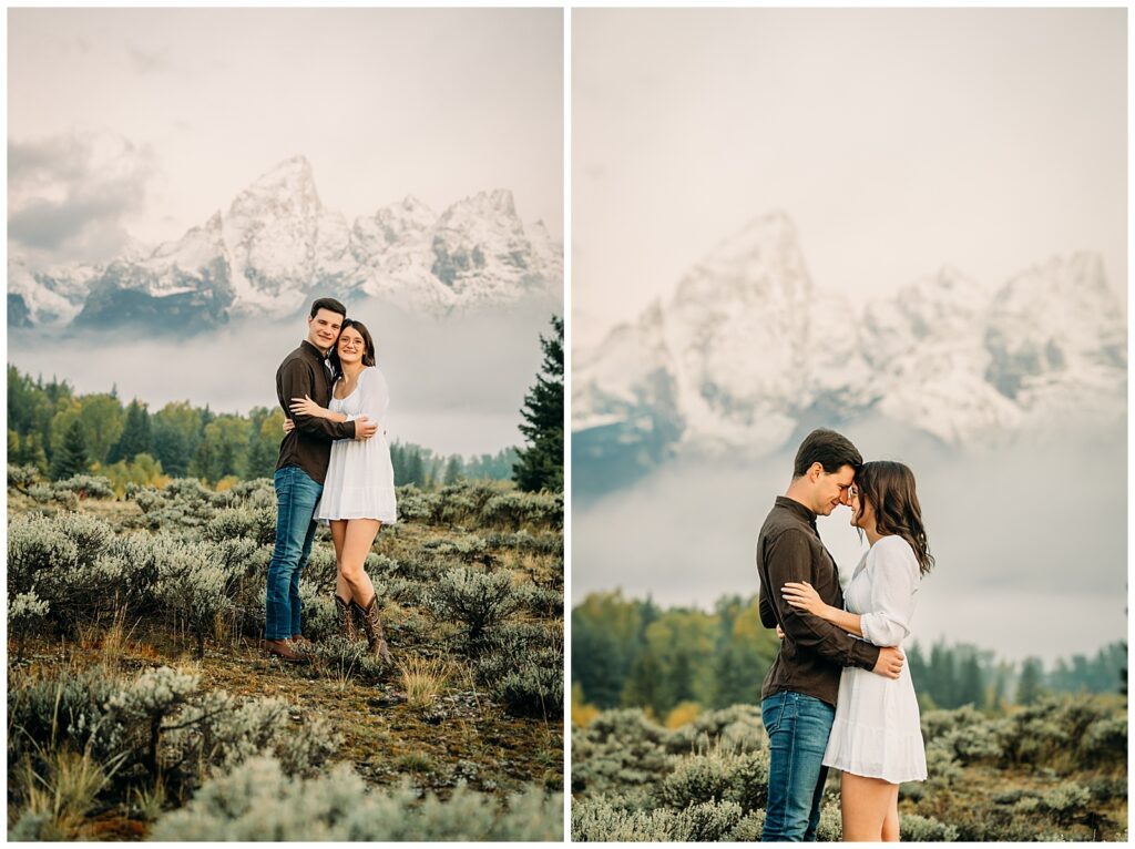 GTNP Schwabacher's Landing Engagement Couple newly proposed to with misty Teton mountain range, white dress