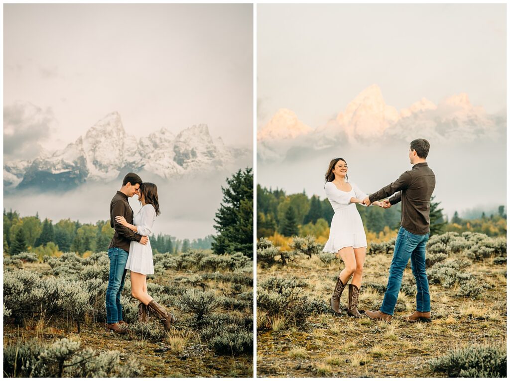 Mountain Jackson Hole Wyoming engaged couple newly proposed to