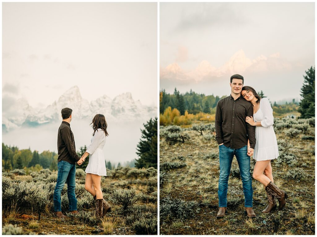 Mormon Row proposal with engaged couple in Grand Teton National Park fall morning photo session white clothes