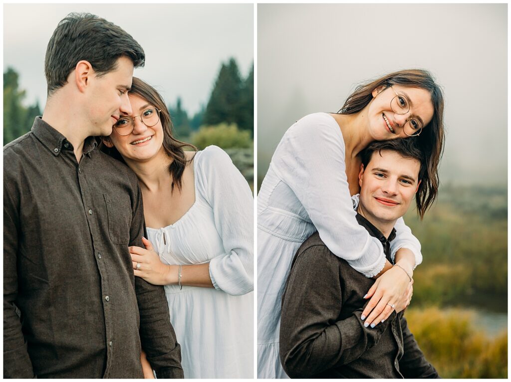 Mormon Row proposal with engaged couple in Grand Teton National Park fall morning photo session white clothes