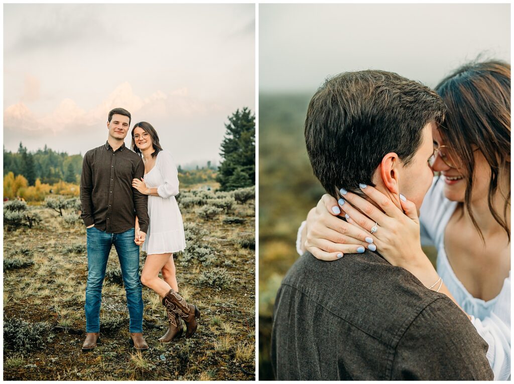 Mormon Row proposal with engaged couple in Grand Teton National Park fall morning photo session white clothes