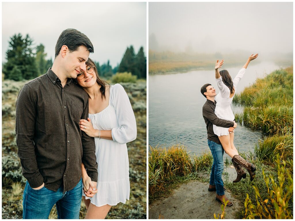 Mormon Row proposal with engaged couple in Grand Teton National Park fall morning photo session white clothes