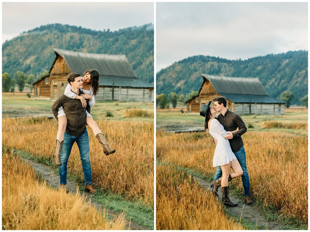 Mormon Row proposal with engaged couple in Grand Teton National Park fall morning photo session white clothes