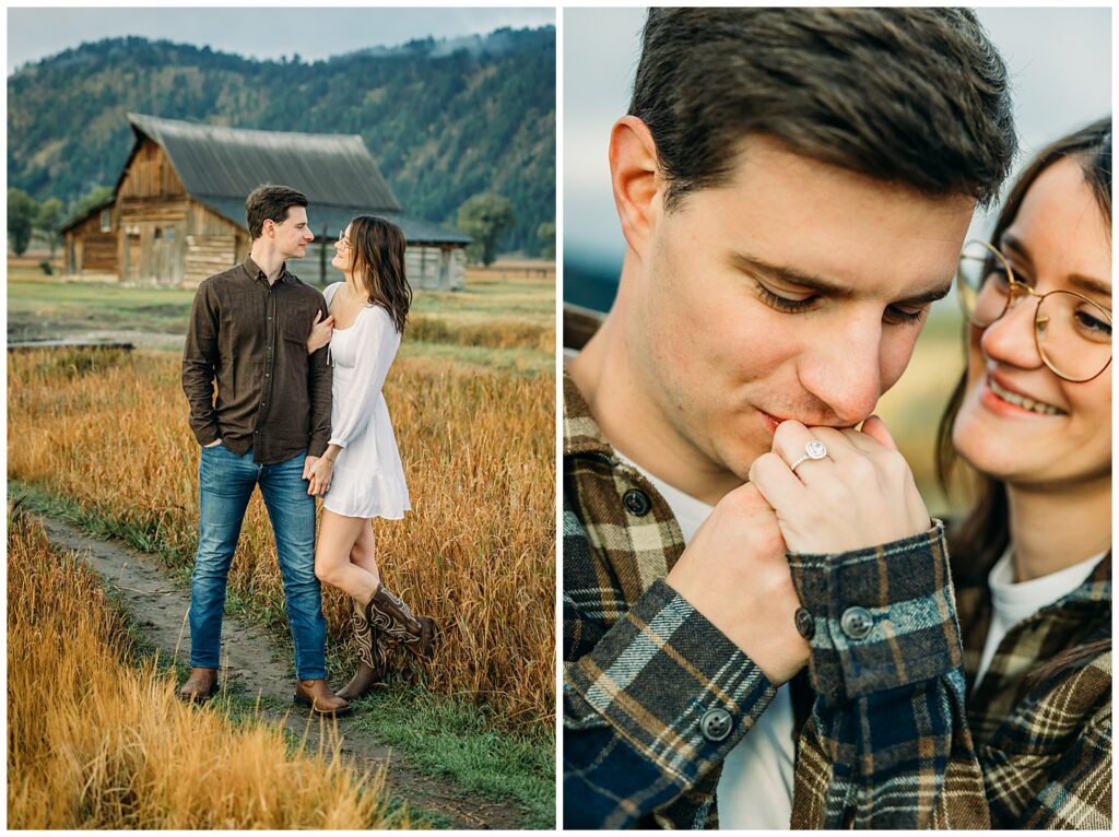 Mormon Row proposal with engaged couple in Grand Teton National Park fall morning photo session white clothes