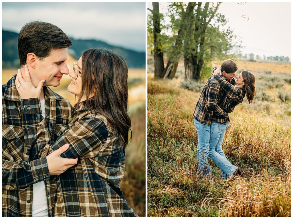 Mormon Row proposal with engaged couple in Grand Teton National Park fall morning photo session white clothes