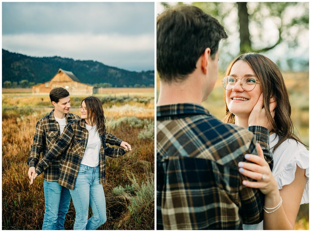 Mormon Row proposal with engaged couple in Grand Teton National Park fall morning photo session white clothes