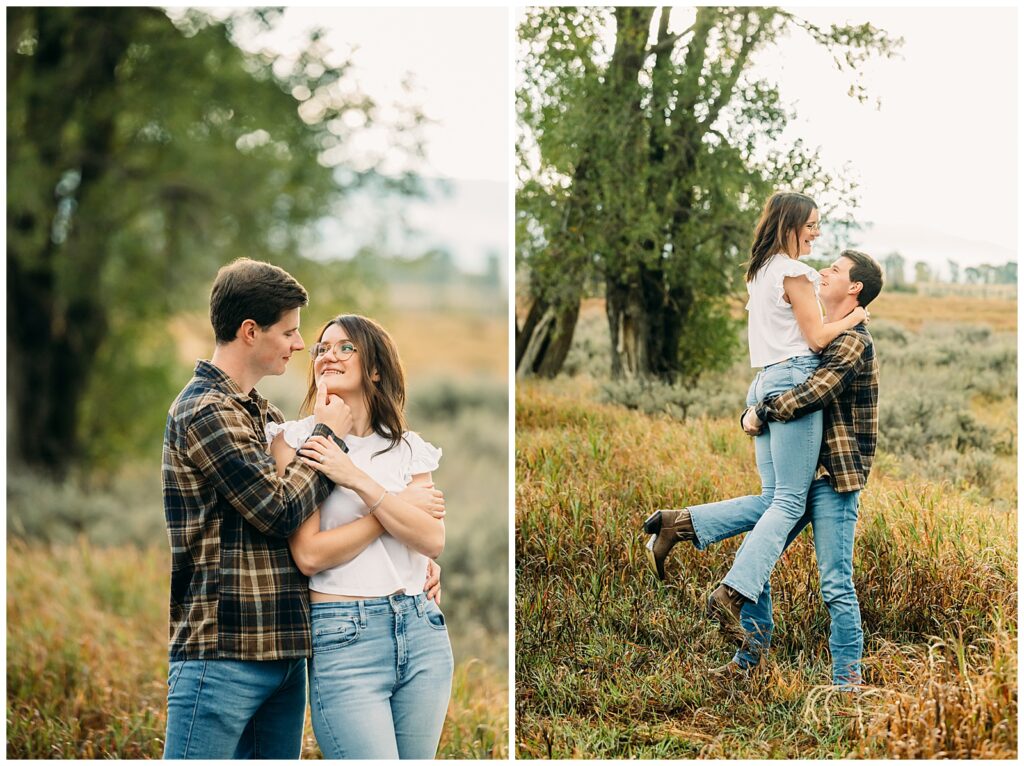 Mormon Row proposal with engaged couple in Grand Teton National Park fall morning photo session white clothes