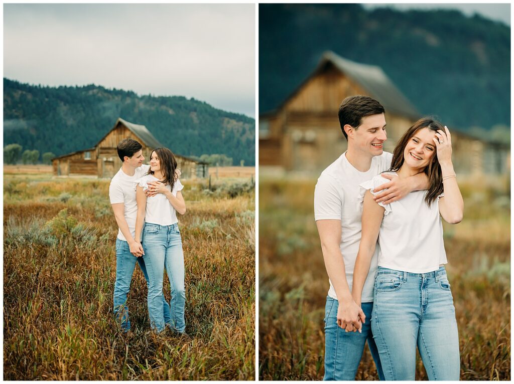 Mormon Row proposal with engaged couple in Grand Teton National Park fall morning photo session white clothes