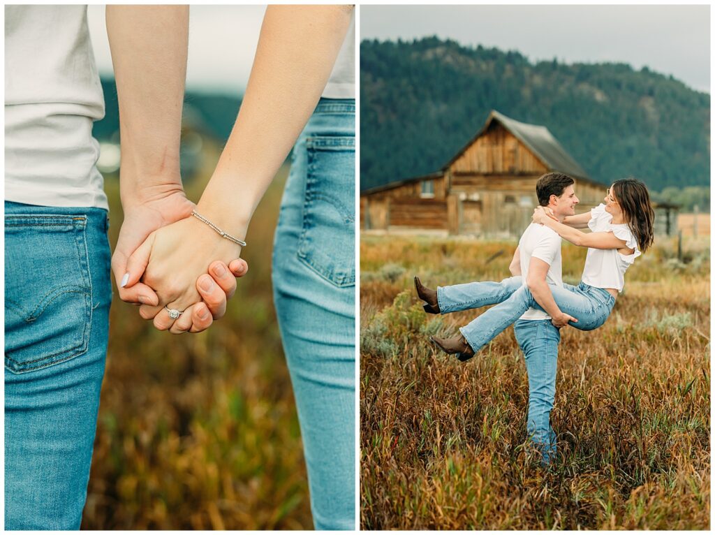 Mormon Row proposal with engaged couple in Grand Teton National Park fall morning photo session white clothes