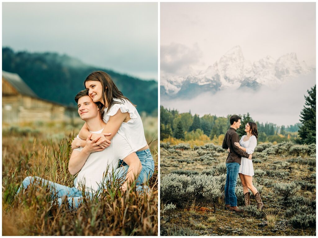 GTNP Schwabacher's Landing Engagement Couple newly proposed to with misty Teton mountain range, white dress