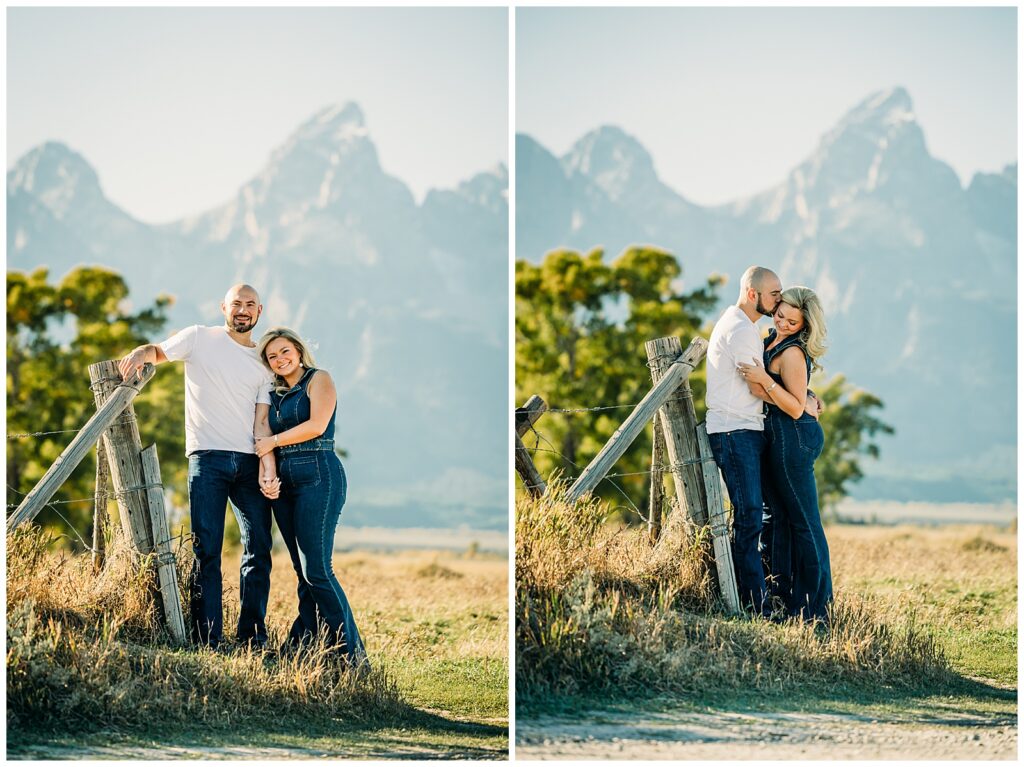 Couple posing for engagement photos in Grand Teton National Park