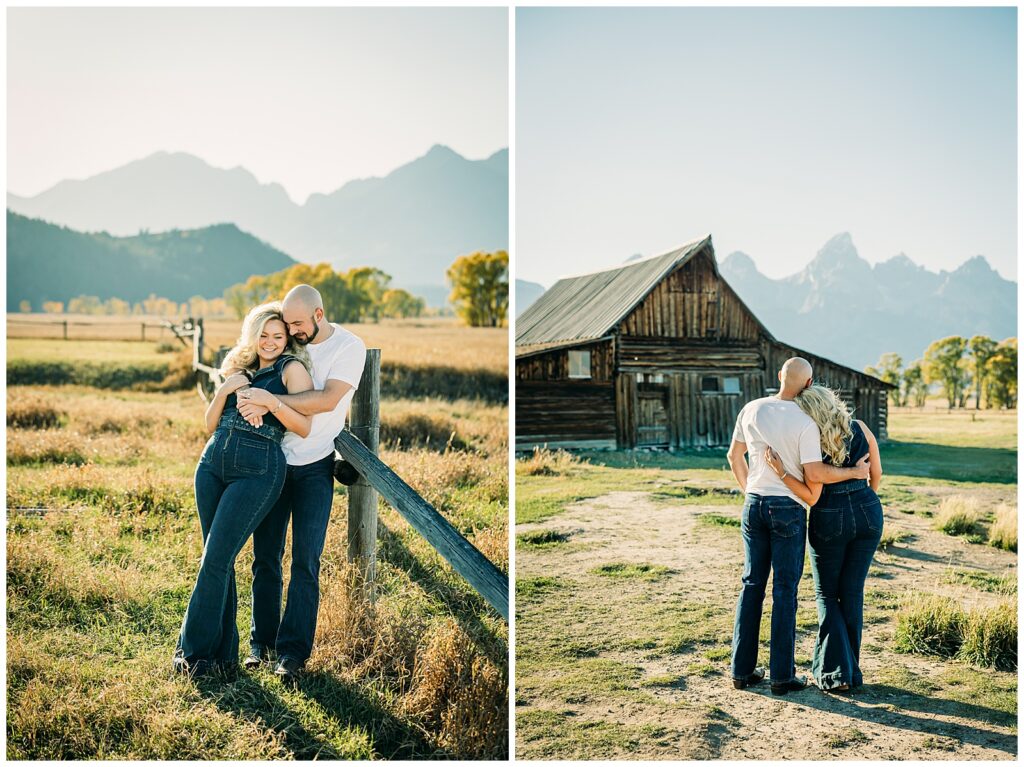 Couple posing for engagement photos in Grand Teton National Park