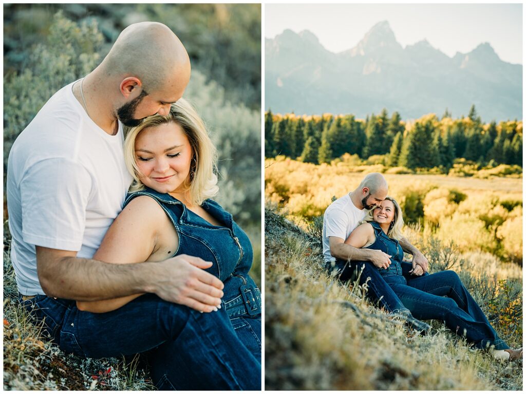 Couple posing for engagement photos in Grand Teton National Park