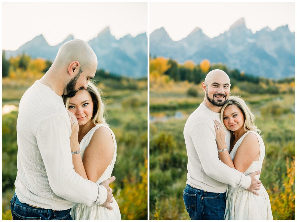 Couple posing for engagement photos in Grand Teton National Park