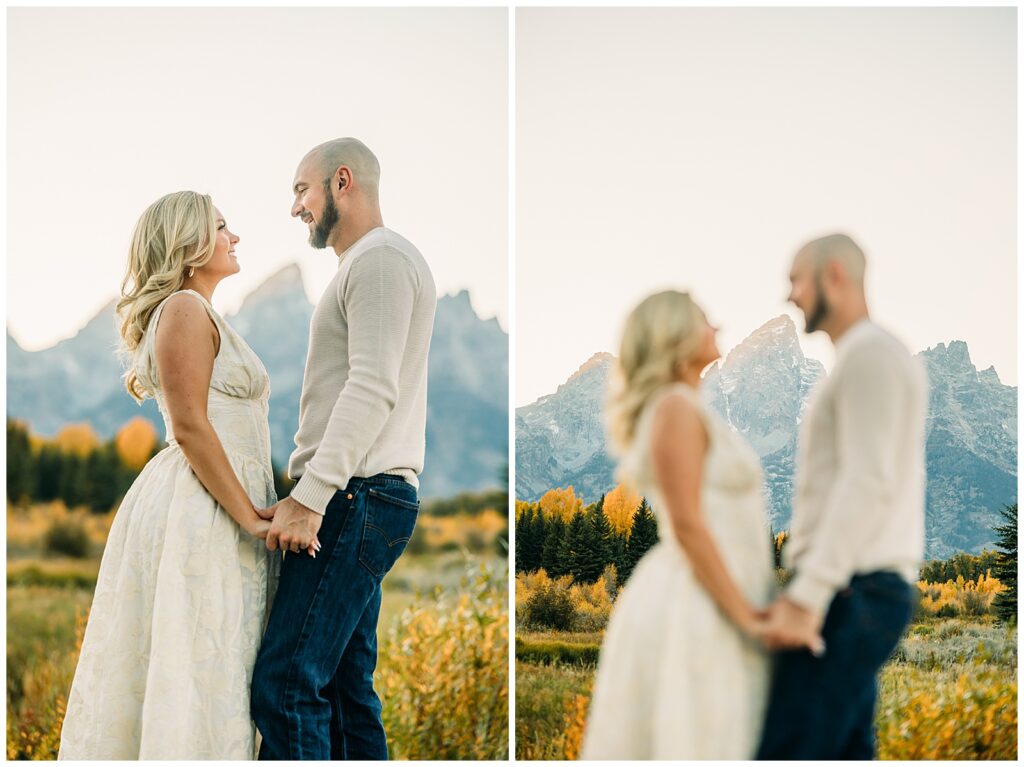 Couple posing for engagement photos in Grand Teton National Park