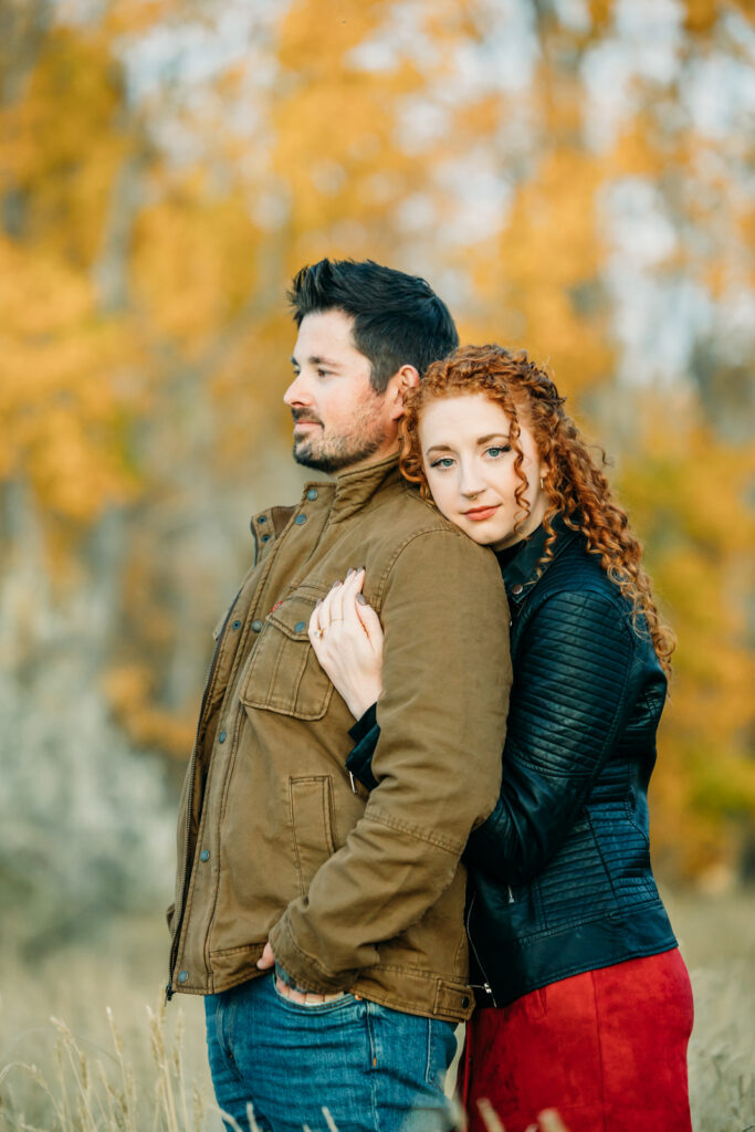 Rich and romantic fall idaho falls engagement photo session downtown