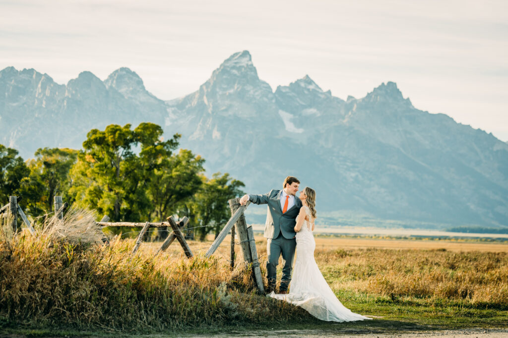 Mormon Row elopement bride and groom in Grand Teton National Park