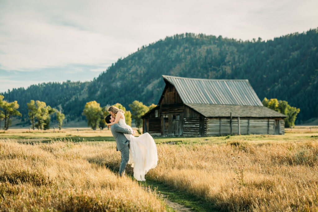bride and groom portraits in Grand Teton National Park mormon row eloping summer