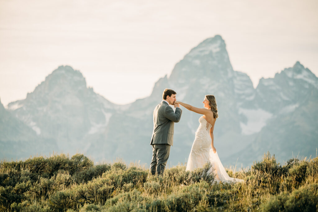 Mormon Row elopement bride and groom in Grand Teton National Park
