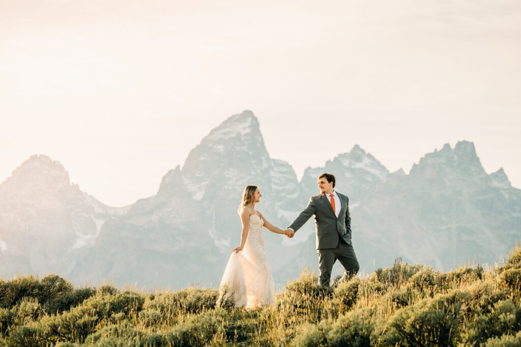 Mormon Row elopement bride and groom in Grand Teton National Park