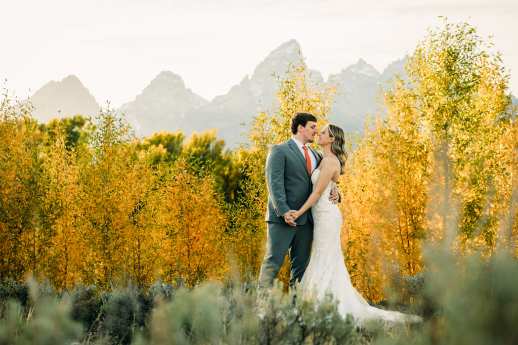 Mormon Row elopement bride and groom in Grand Teton National Park