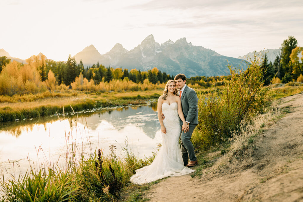 Schwabacher's Landing bride and groom portraits in Grand Teton National Park