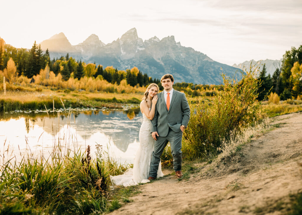 Schwabacher's Landing bride and groom portraits in Grand Teton National Park