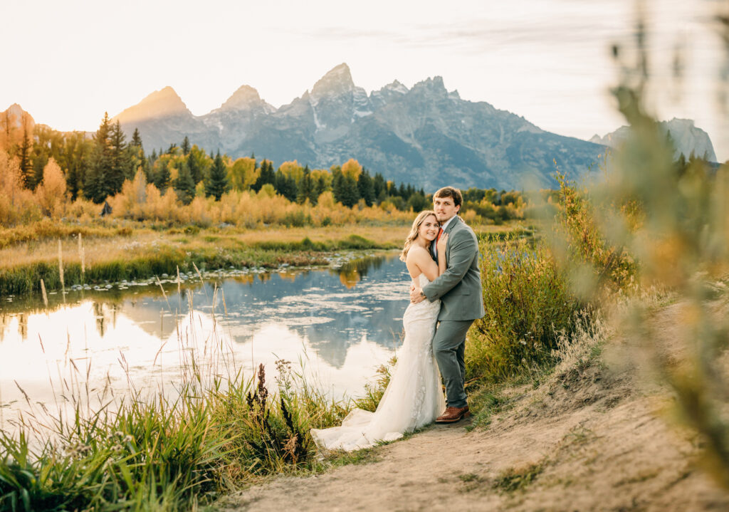 Schwabacher's Landing bride and groom portraits in Grand Teton National Park