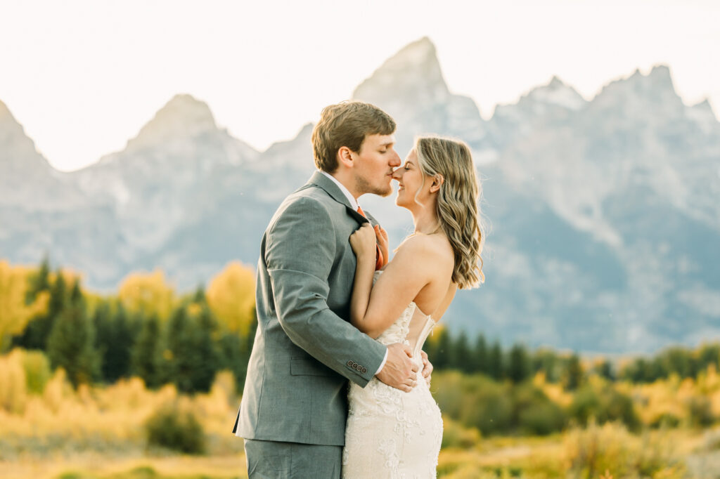 Mormon Row elopement bride and groom in Grand Teton National Park