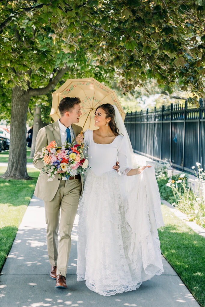 Idaho Falls LDS temple summer wedding vintage dress backyard reception