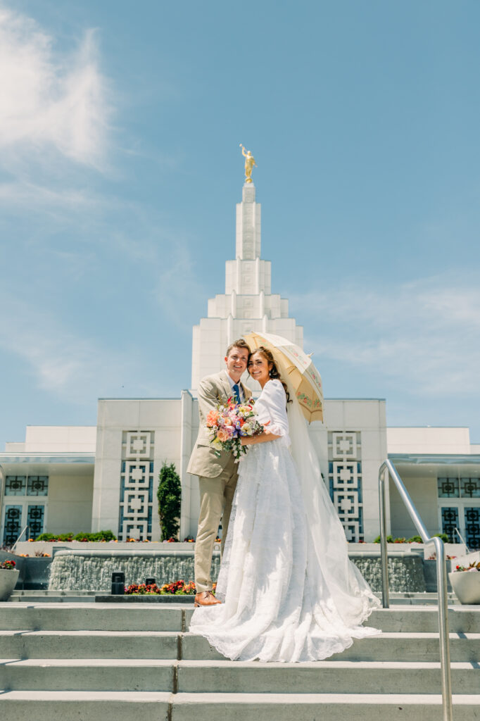 Idaho Falls LDS temple summer wedding vintage dress backyard reception