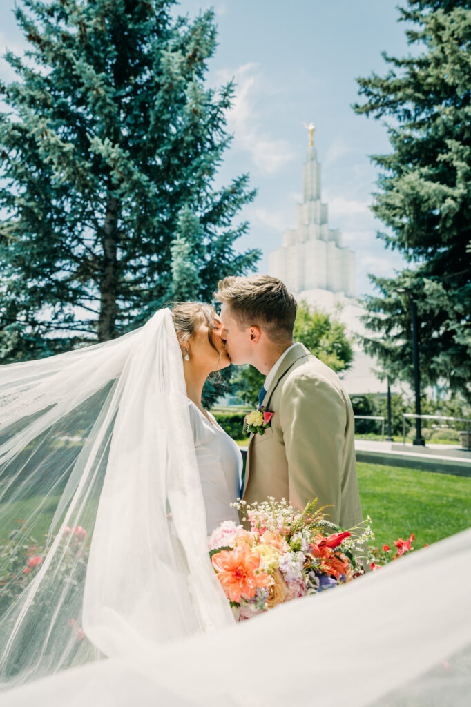 Idaho Falls LDS temple summer wedding vintage dress backyard reception