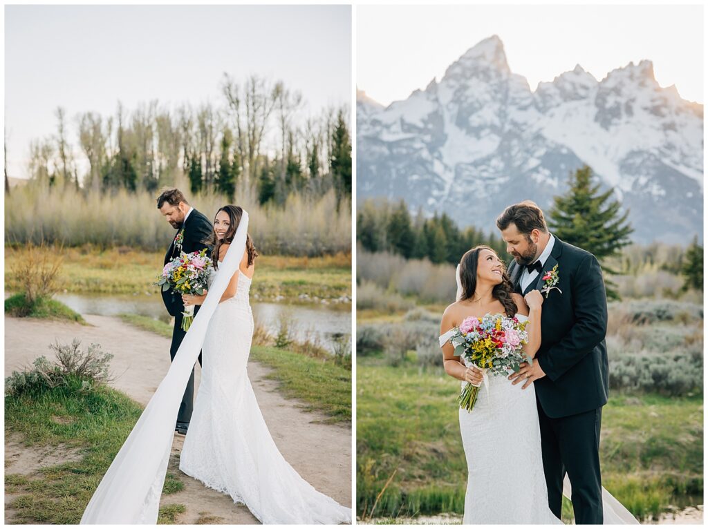 Schwabacher's Landing couple wedding photography with Snake River at sunset spring couple posing