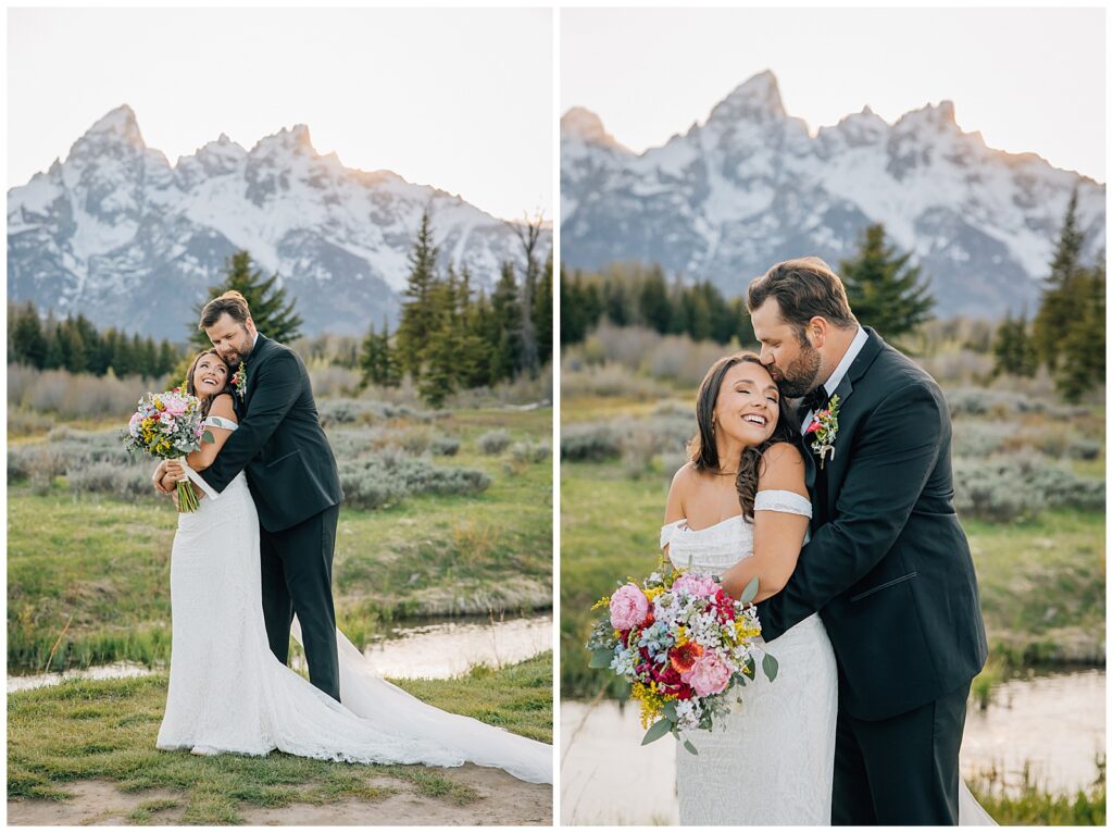 bride and groom on wedding day, posing ideas for weddings, intimate moments to capture on a wedding day, jackson hole wedding photographer