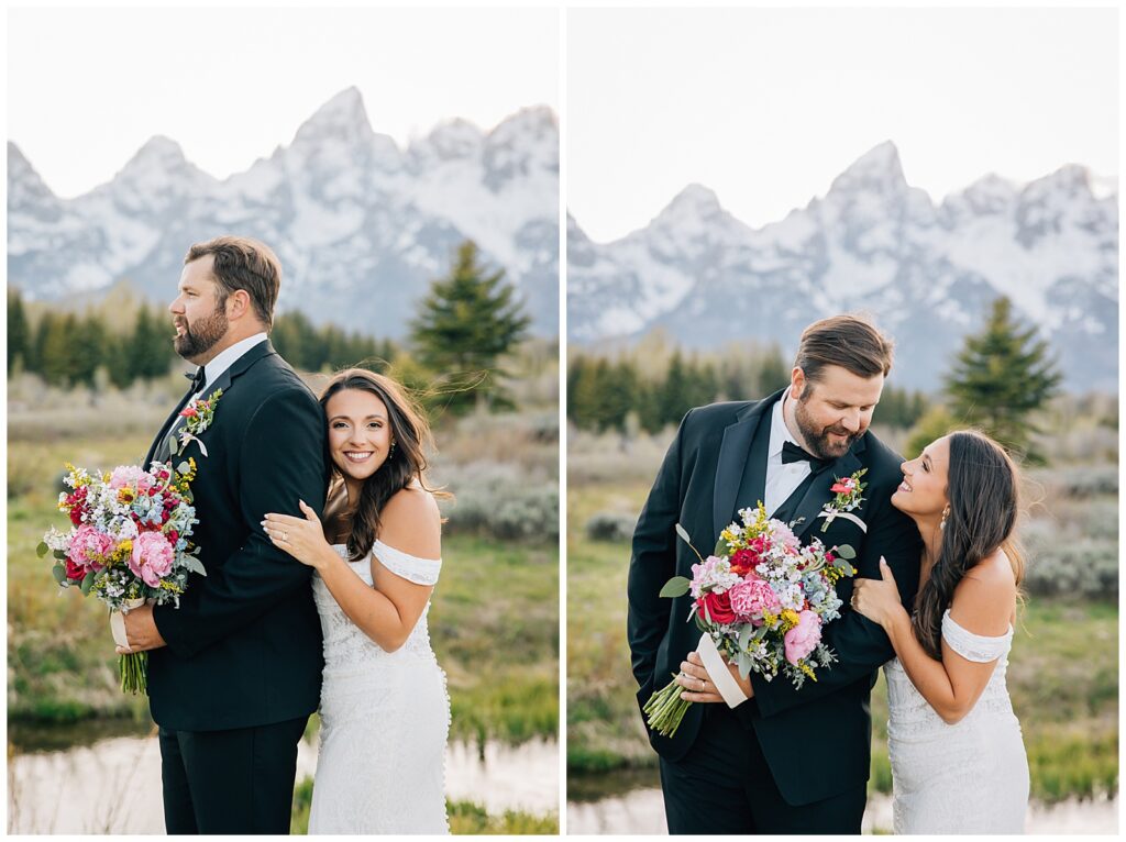 bride and groom on wedding day, posing ideas for weddings, intimate moments to capture on a wedding day, jackson hole wedding photographer
