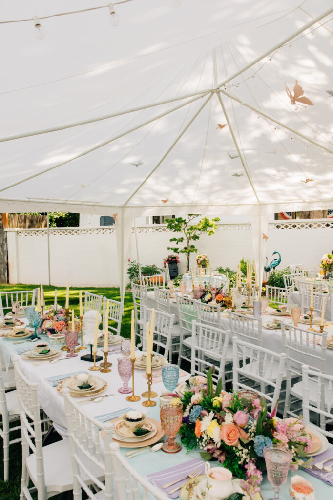 Idaho Falls LDS temple summer wedding vintage dress backyard reception