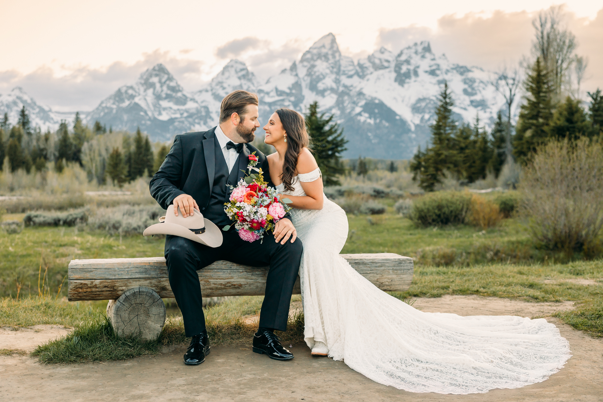 Schwabacher's Landing Grand Teton National Park couple wedding photography with Snake River at sunset spring couple posing