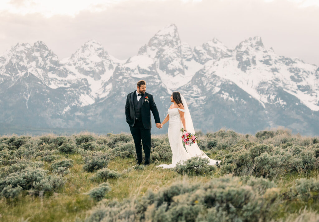 Schwabacher's Landing Grand Teton National Park couple wedding photography with Snake River at sunset spring couple posing